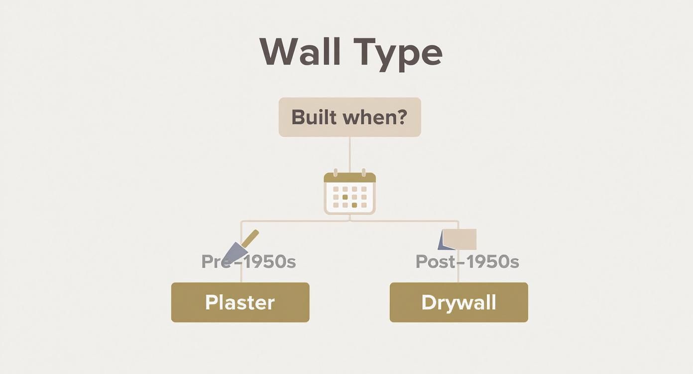 Flowchart explaining wall types: Plaster for homes built pre-1950s and Drywall for post-1950s.