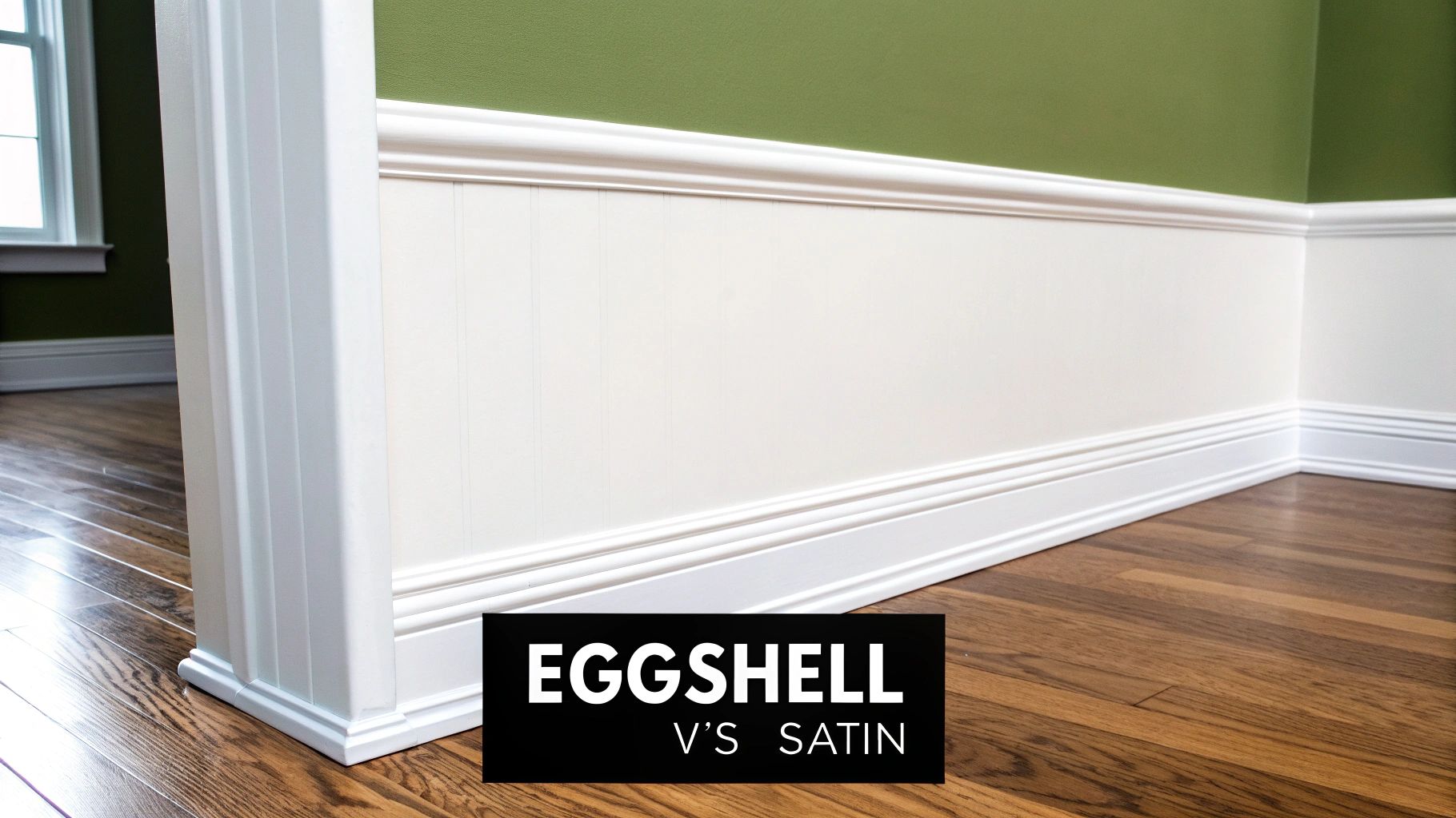 Close-up of a room with green walls, white wainscoting, and hardwood floors, comparing eggshell vs satin paint.