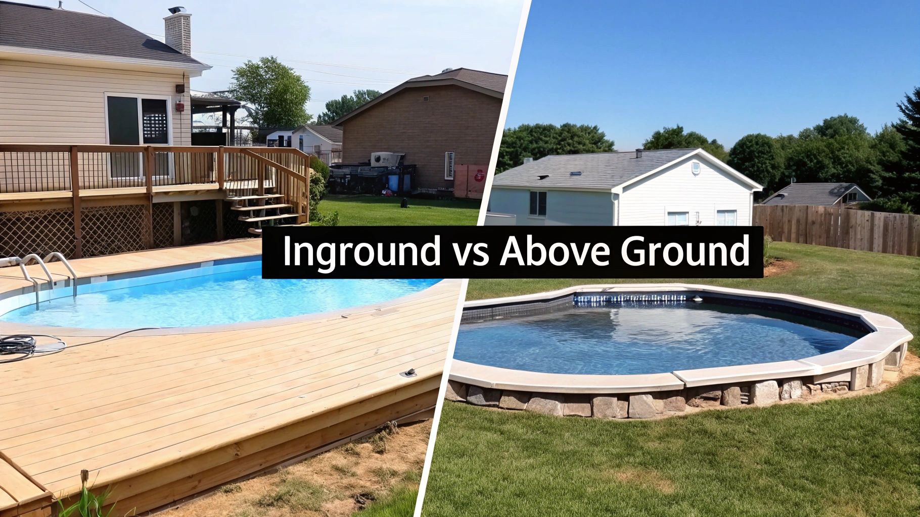 A split image comparing an inground pool with a wooden deck and an above-ground pool with stone trim.