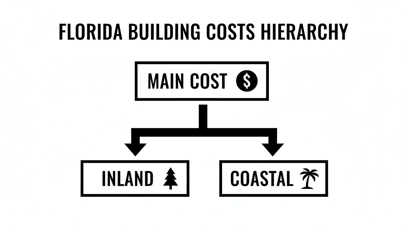 Hierarchy chart illustrating Florida building costs, broken down into main cost, inland, and coastal categories.
