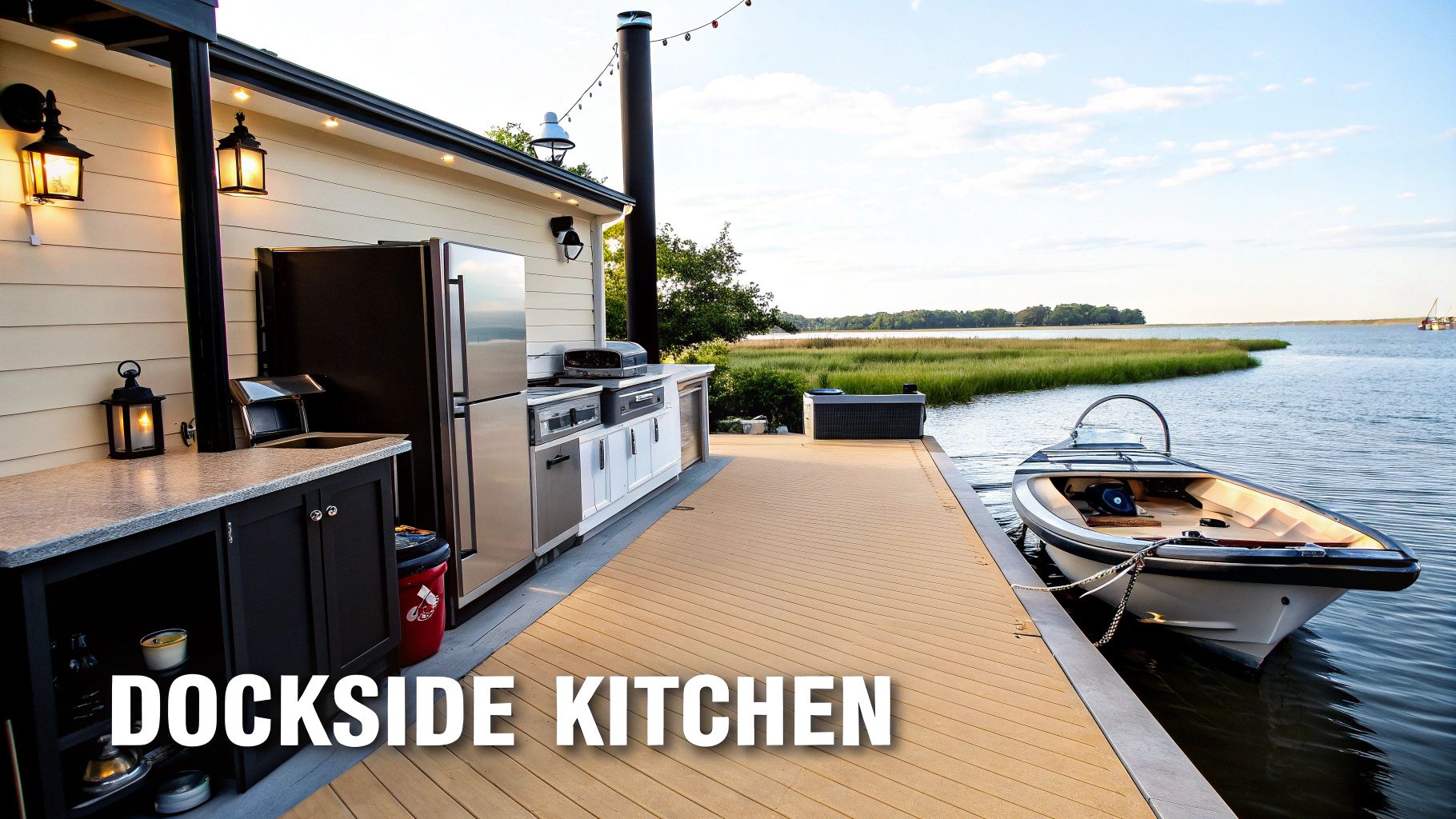 A modern outdoor kitchen with stainless steel appliances on a wooden dock next to a boat and water.