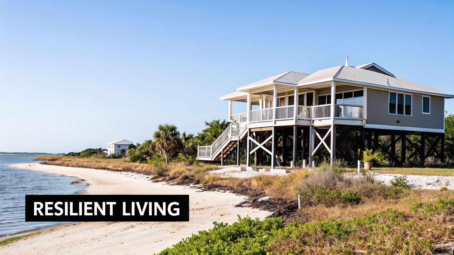 A modern, elevated stilt home in Florida with large windows and outdoor living space.