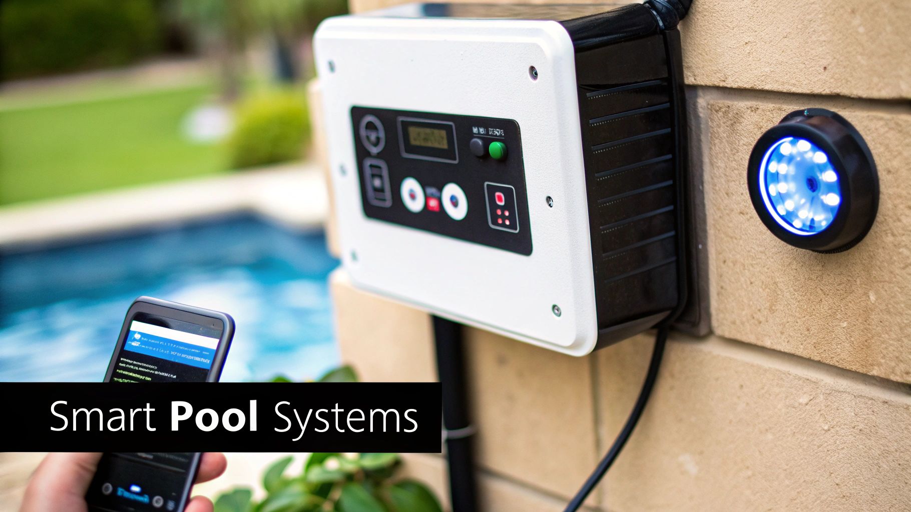 A hand holds a smartphone controlling smart pool systems, showing a wall-mounted control unit and a blue LED light.