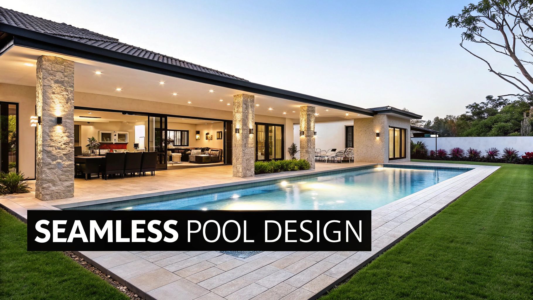 A luxurious modern house featuring a seamless in-ground swimming pool, a spacious patio, and a manicured lawn.