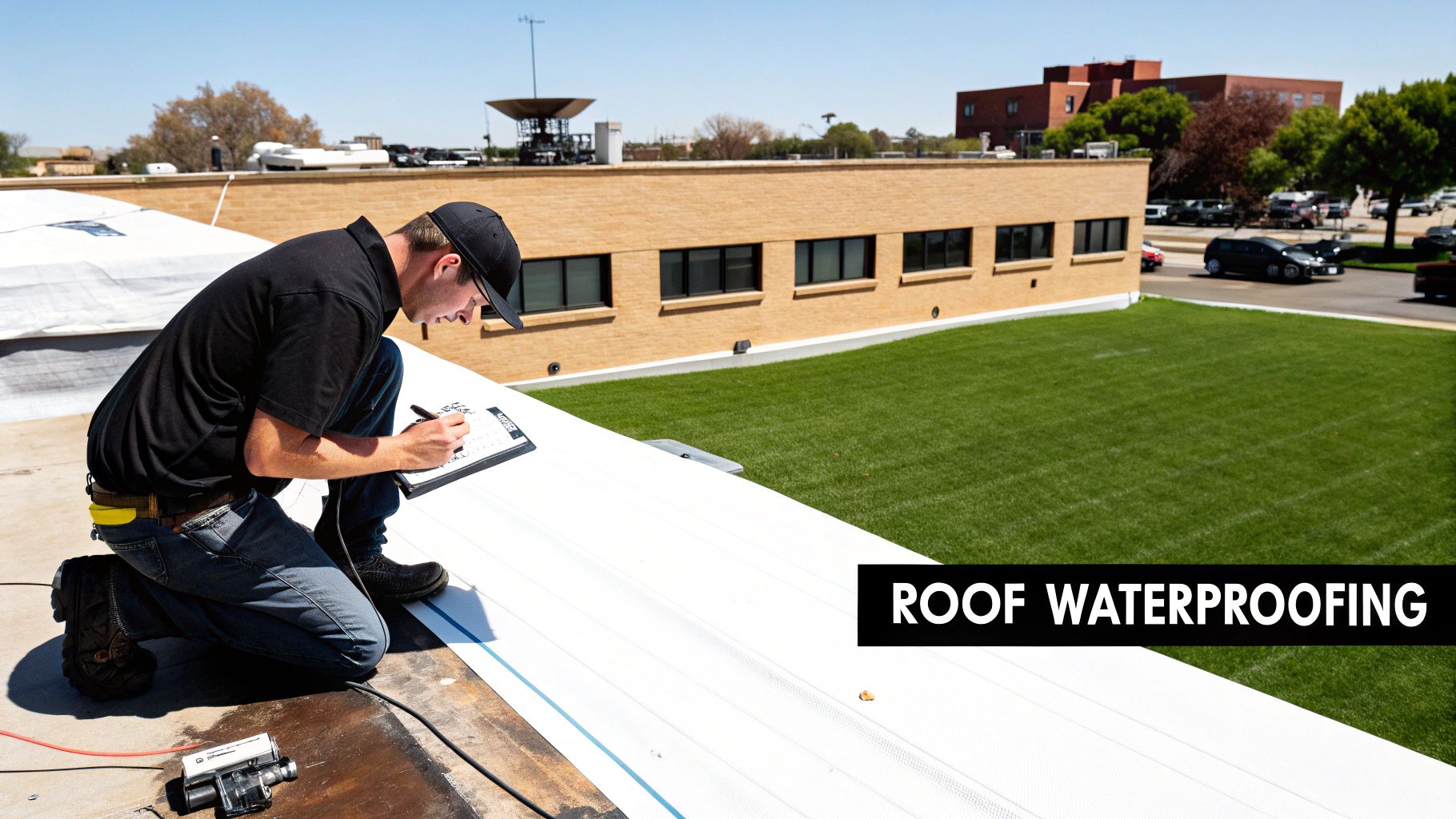 A worker kneels on a commercial roof, writing on a clipboard while inspecting new white waterproofing membrane.
