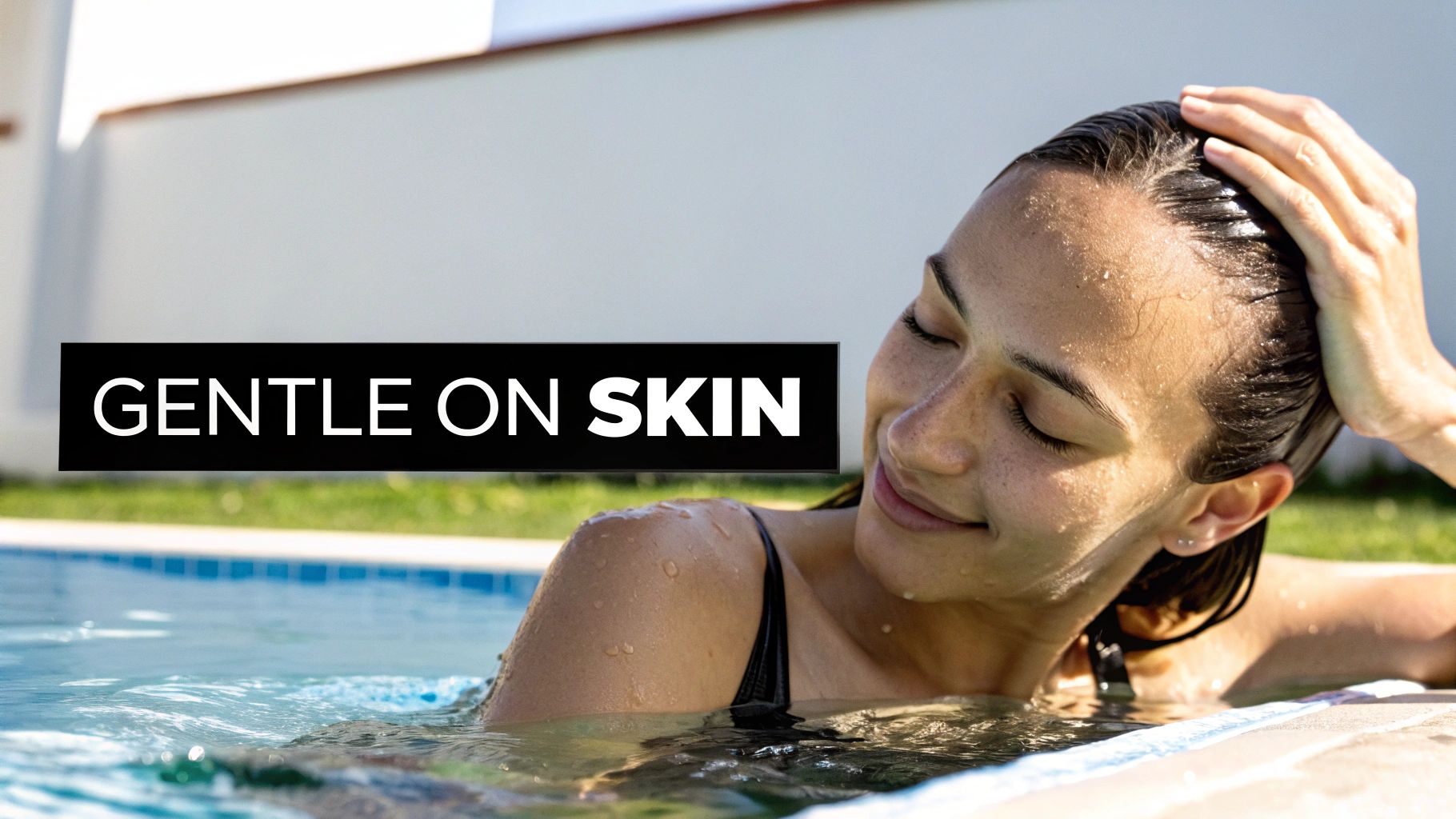 A woman with wet hair and closed eyes relaxing happily in a pool, with text overlay 'GENTLE ON SKIN'.