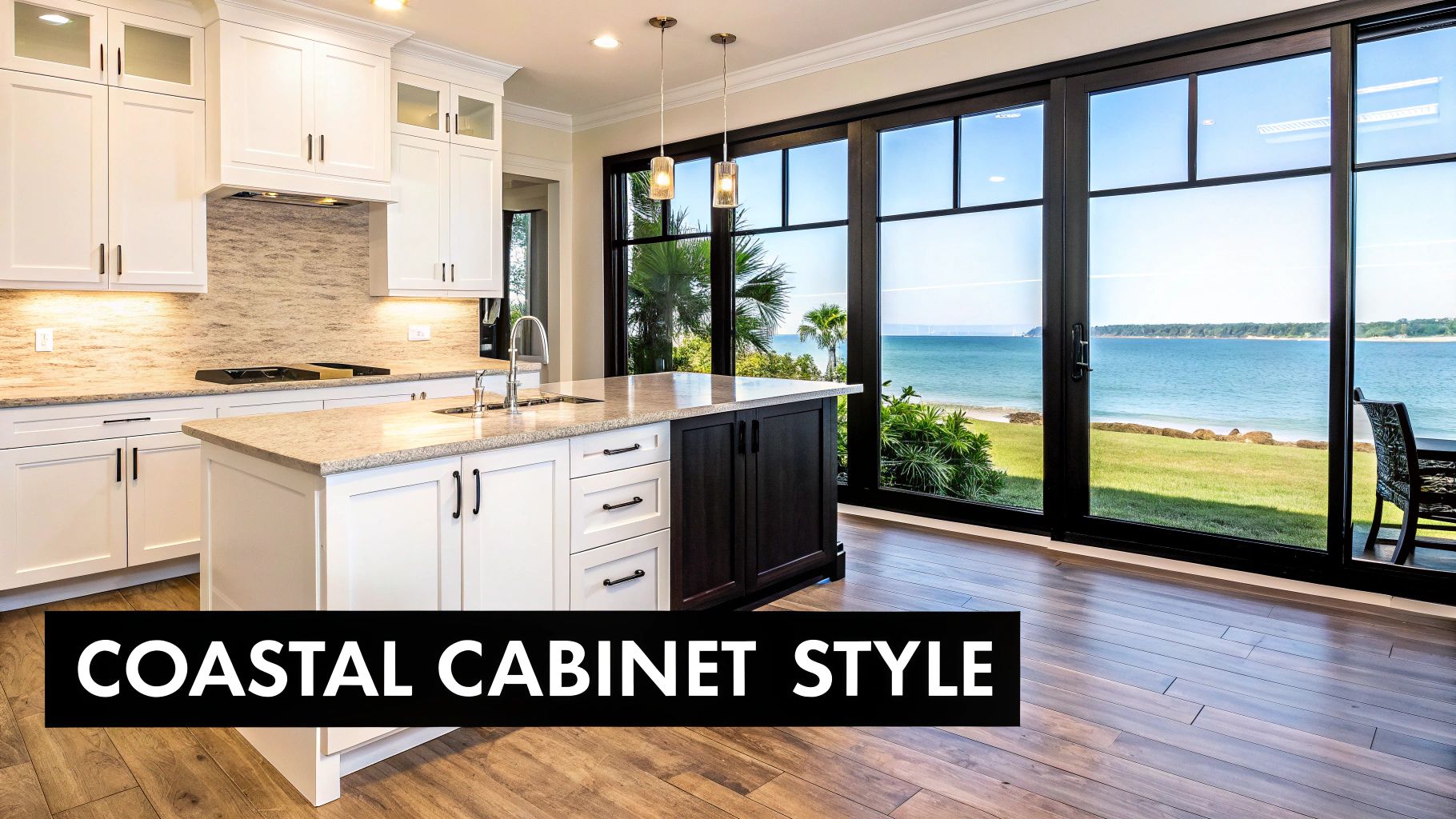 A bright coastal kitchen featuring white and dark wood cabinets, an island, and large windows with an ocean view.