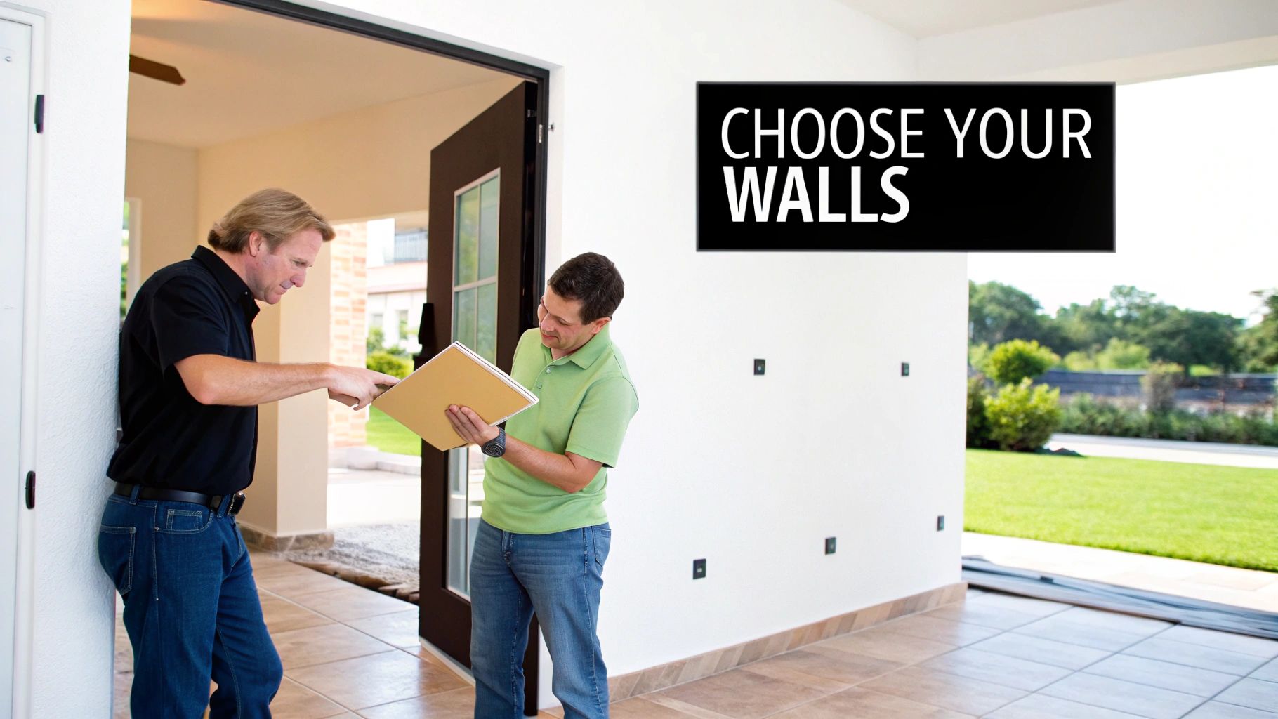 Two men discussing building plans in a bright, modern home, with a 'Choose Your Walls' sign.