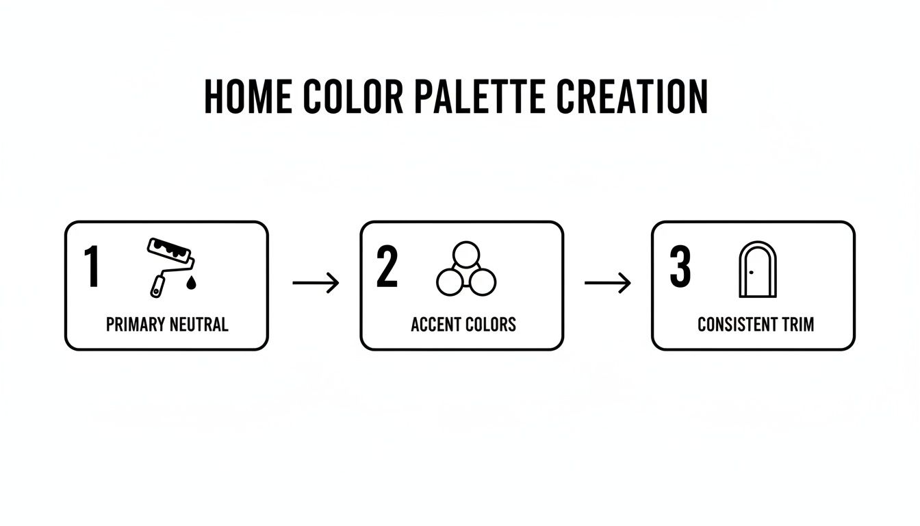Flowchart illustrating three steps for home color palette creation: primary neutral, accent colors, and consistent trim.