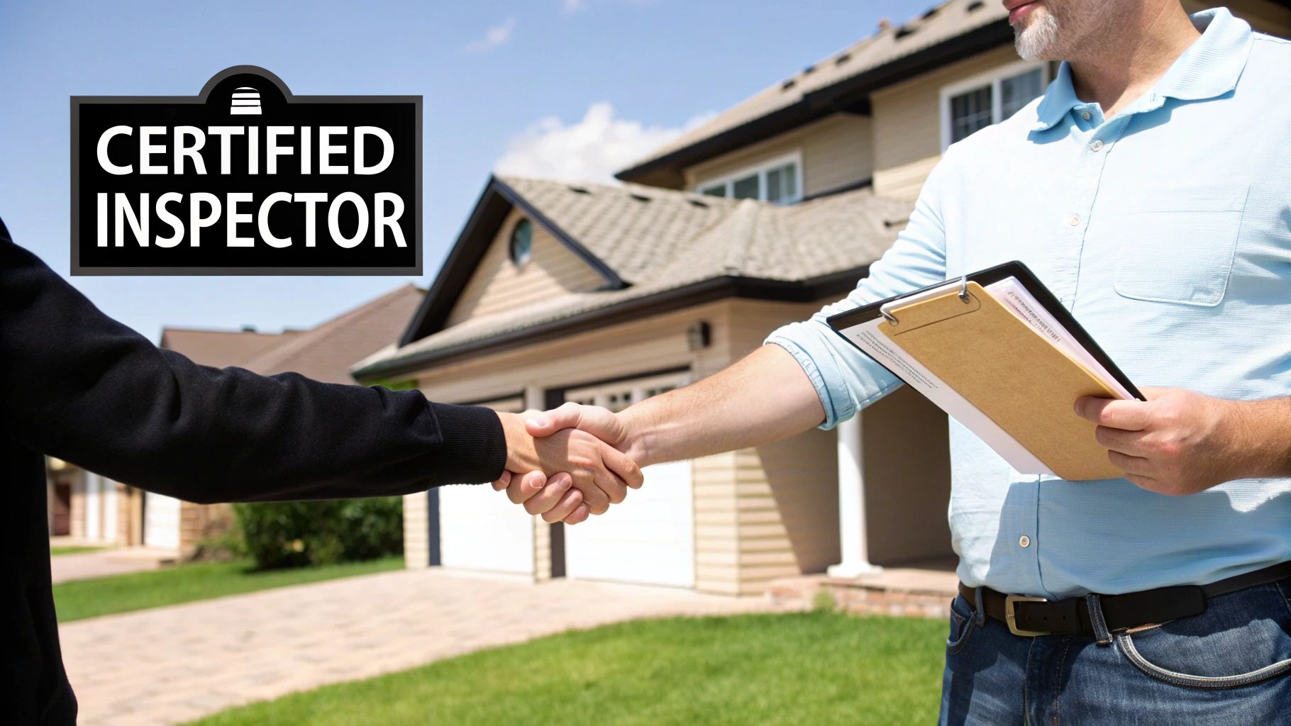 A certified inspector holding a clipboard shakes hands with a client in front of a house.