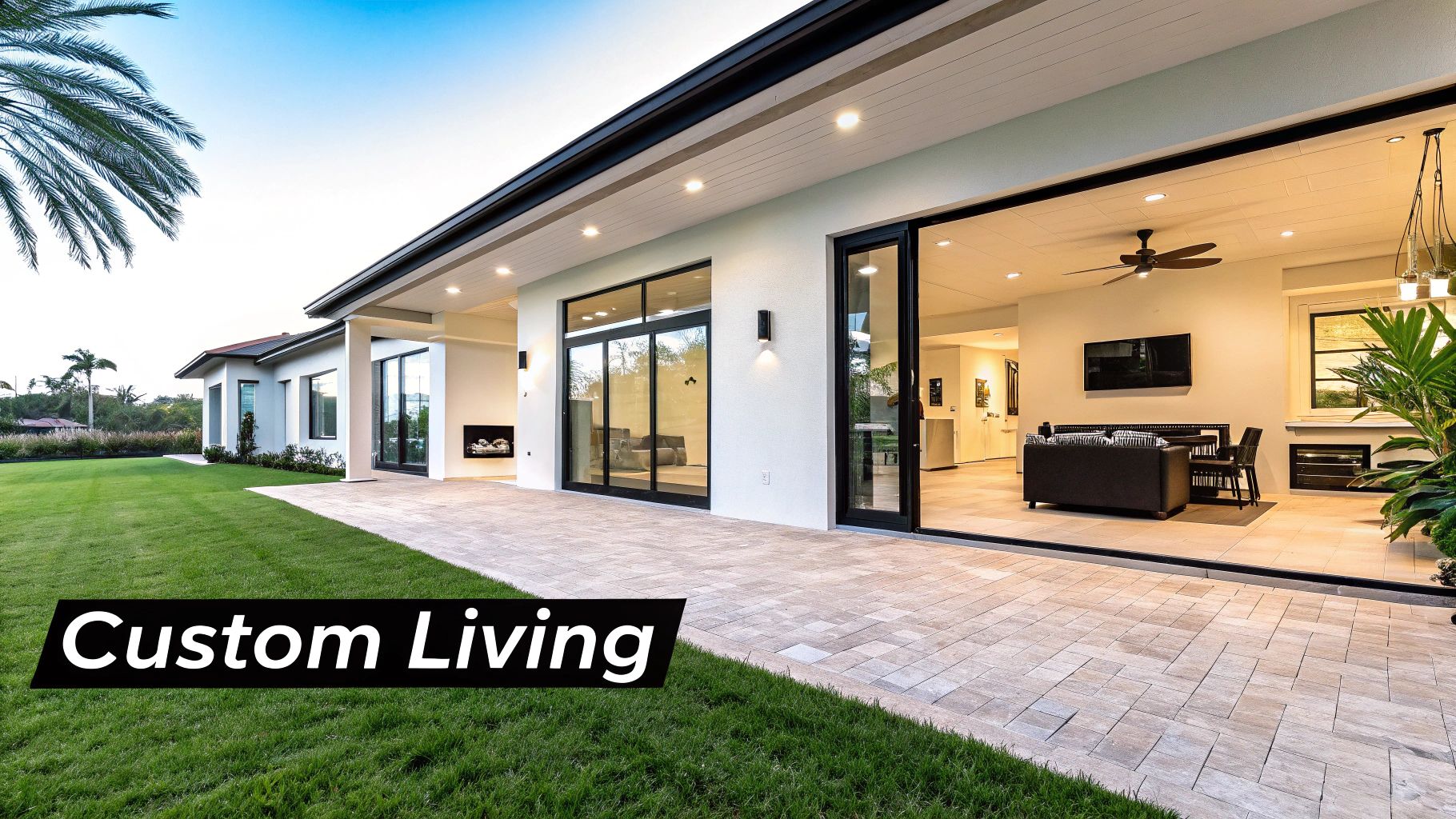 Modern home exterior with a large paved patio, green lawn, and open sliding glass doors leading to a stylish living room.