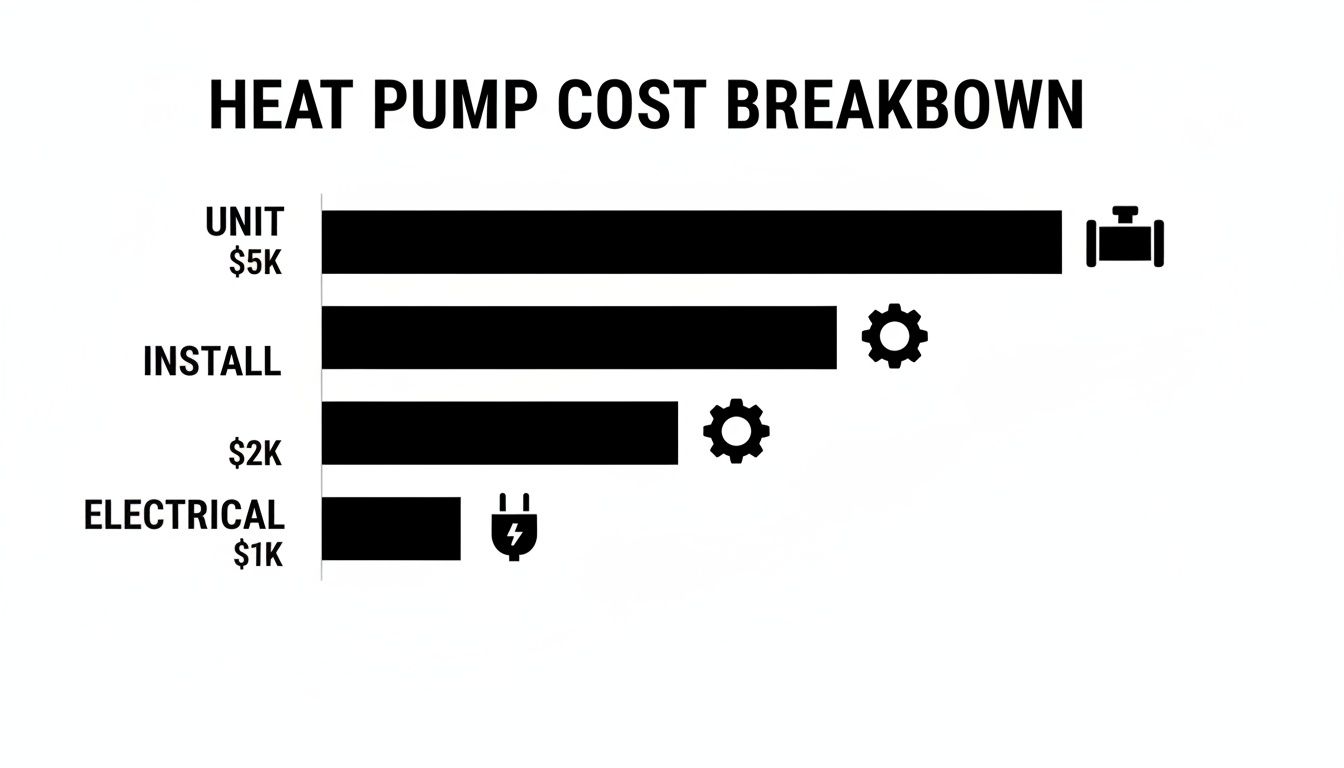 Bar chart illustrating heat pump cost breakdown, showing Unit ($5K), Install ($2K), and Electrical ($1K) expenses.
