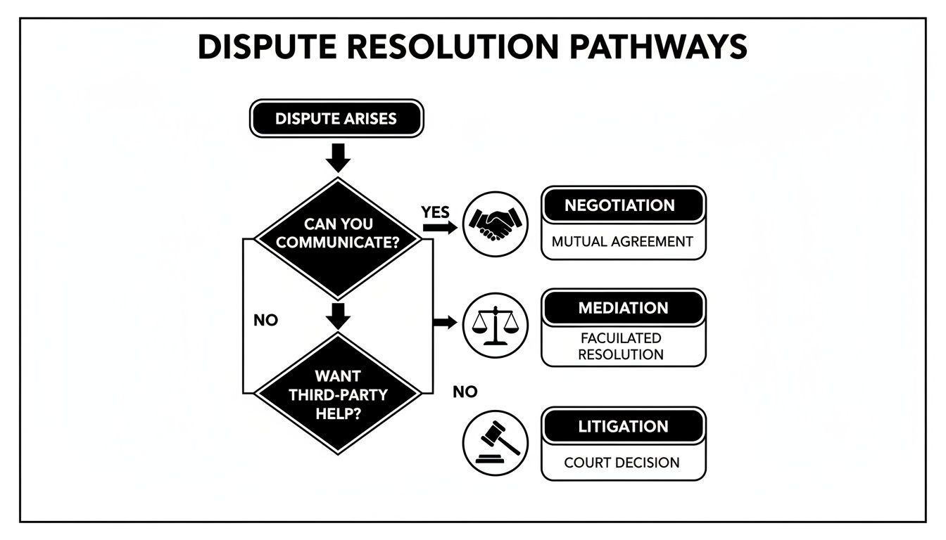 Diagram showing dispute resolution options: communication leads to negotiation, third-party help to mediation, otherwise litigation.