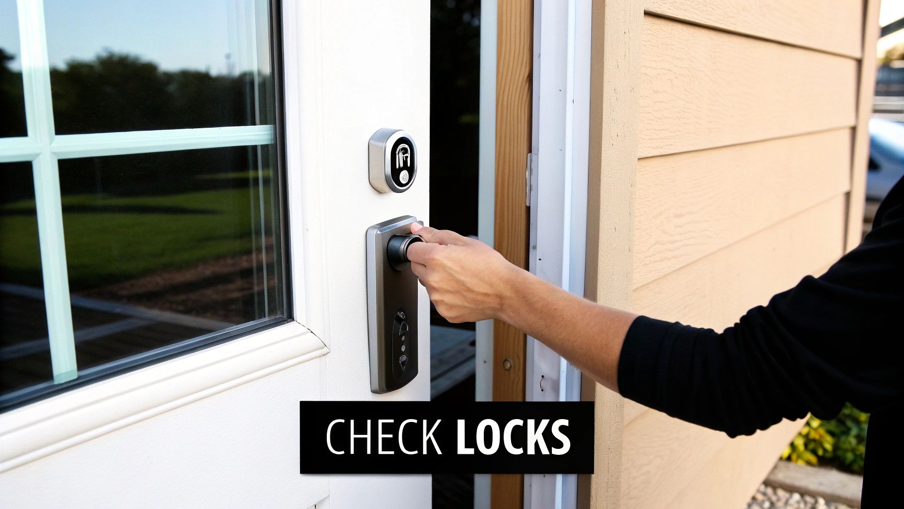 A person's hand operates a modern smart lock on a white entry door for home security.