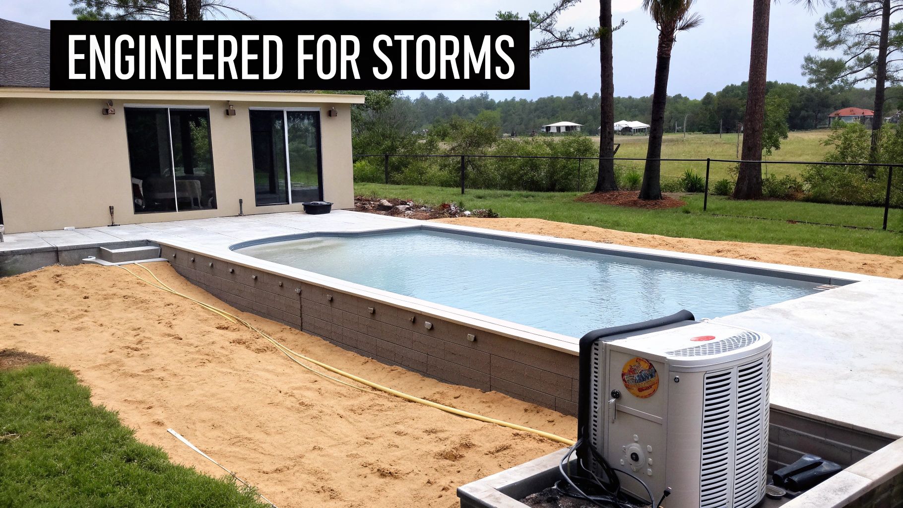A newly installed swimming pool and a house with sliding glass doors in a backyard under construction.