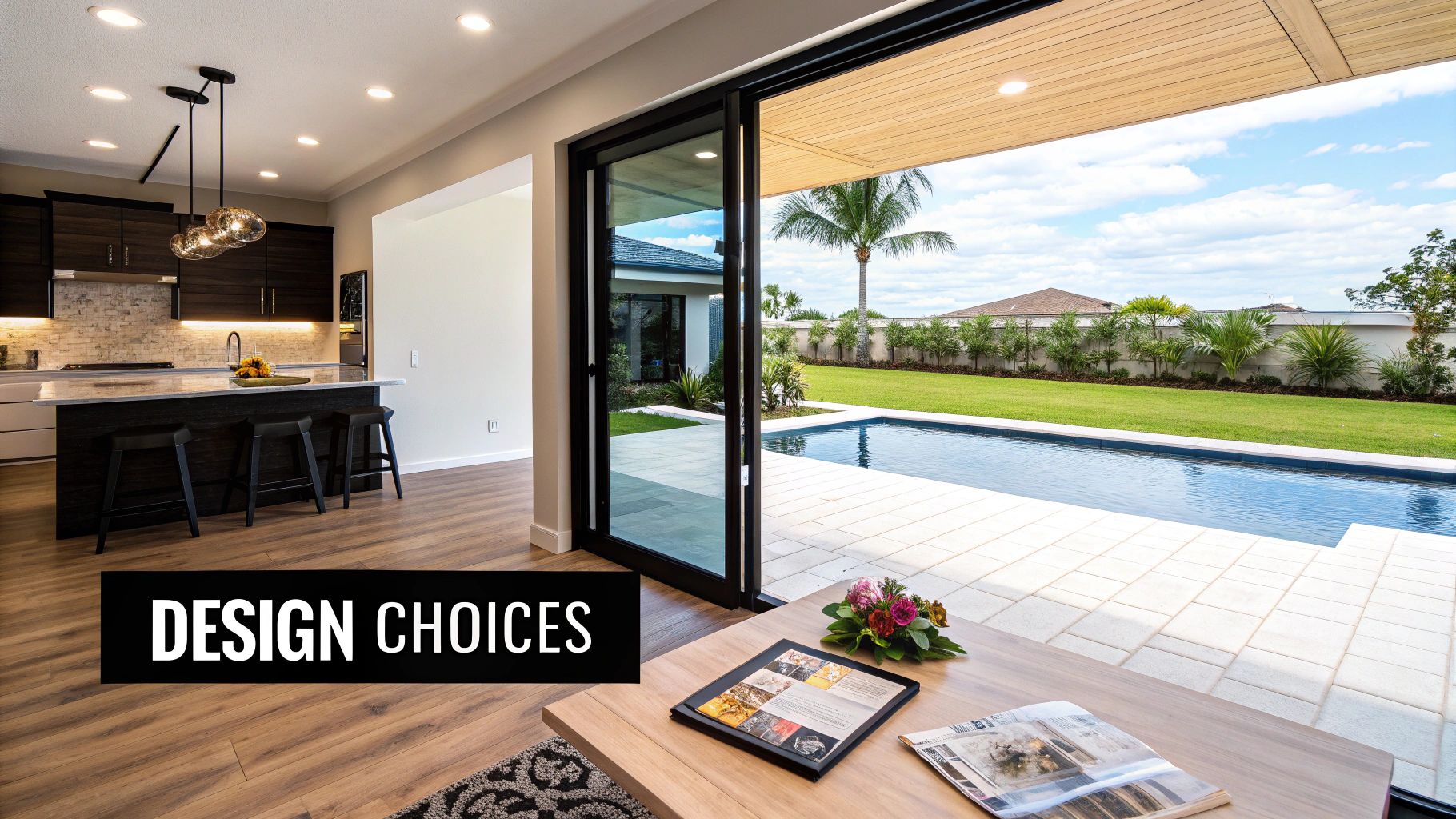 Modern home with open concept kitchen, wood floors, and sliding doors to a pool and backyard.