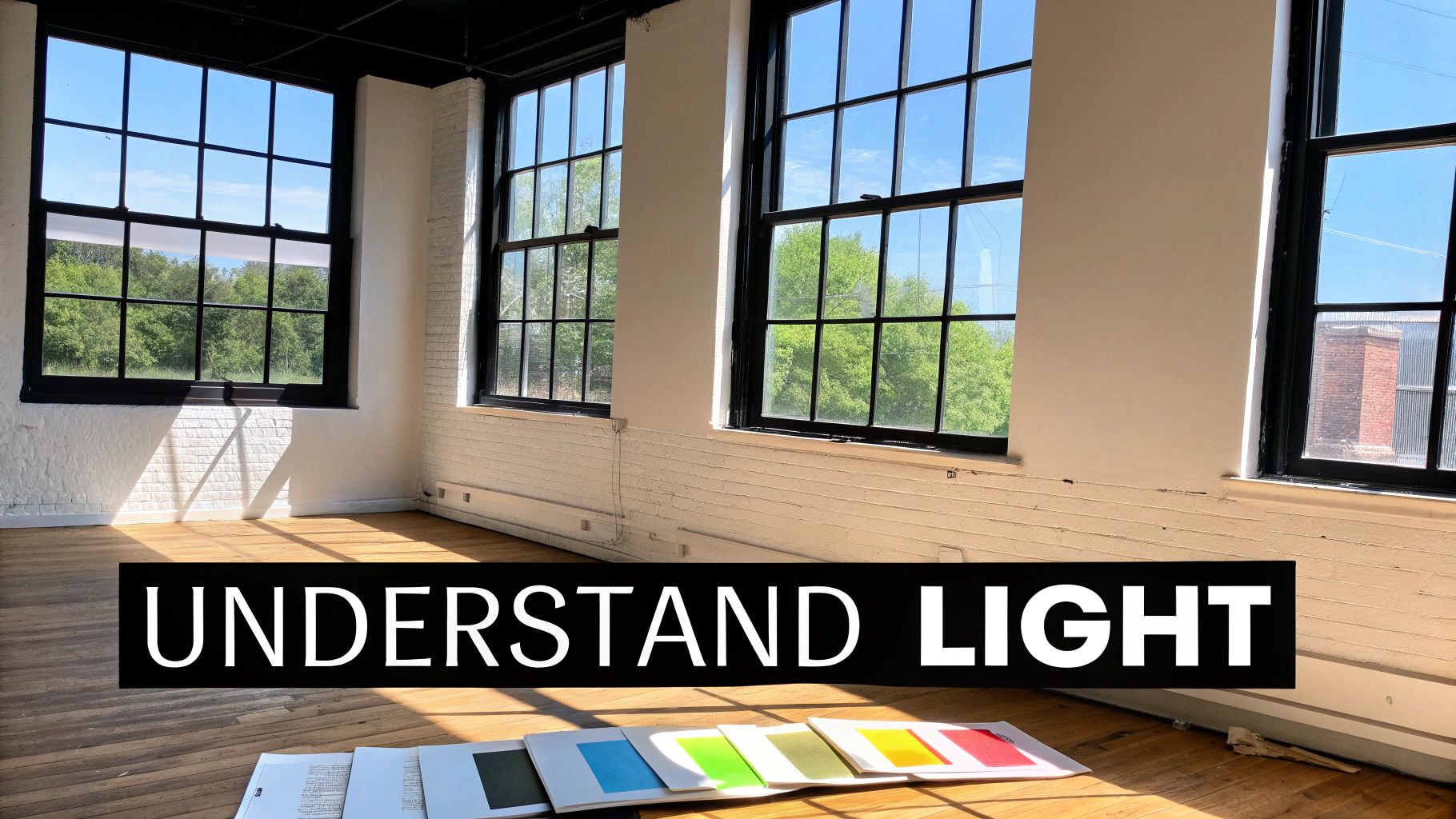 Bright room with large windows, sunlight, wooden floor, and color swatches for paint selection.