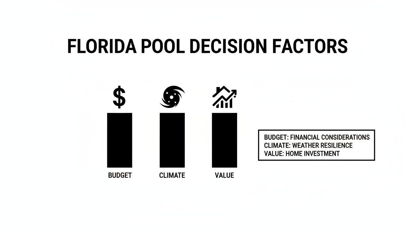 Infographic showing Florida pool decision factors: budget, climate resilience, and home investment value.
