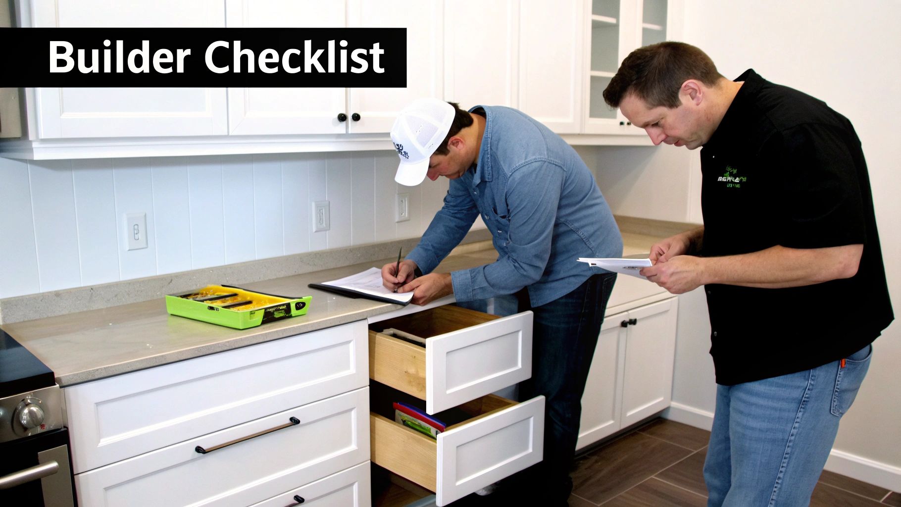Two men, one in a white cap, inspect kitchen cabinets and countertops during a builder checklist review.