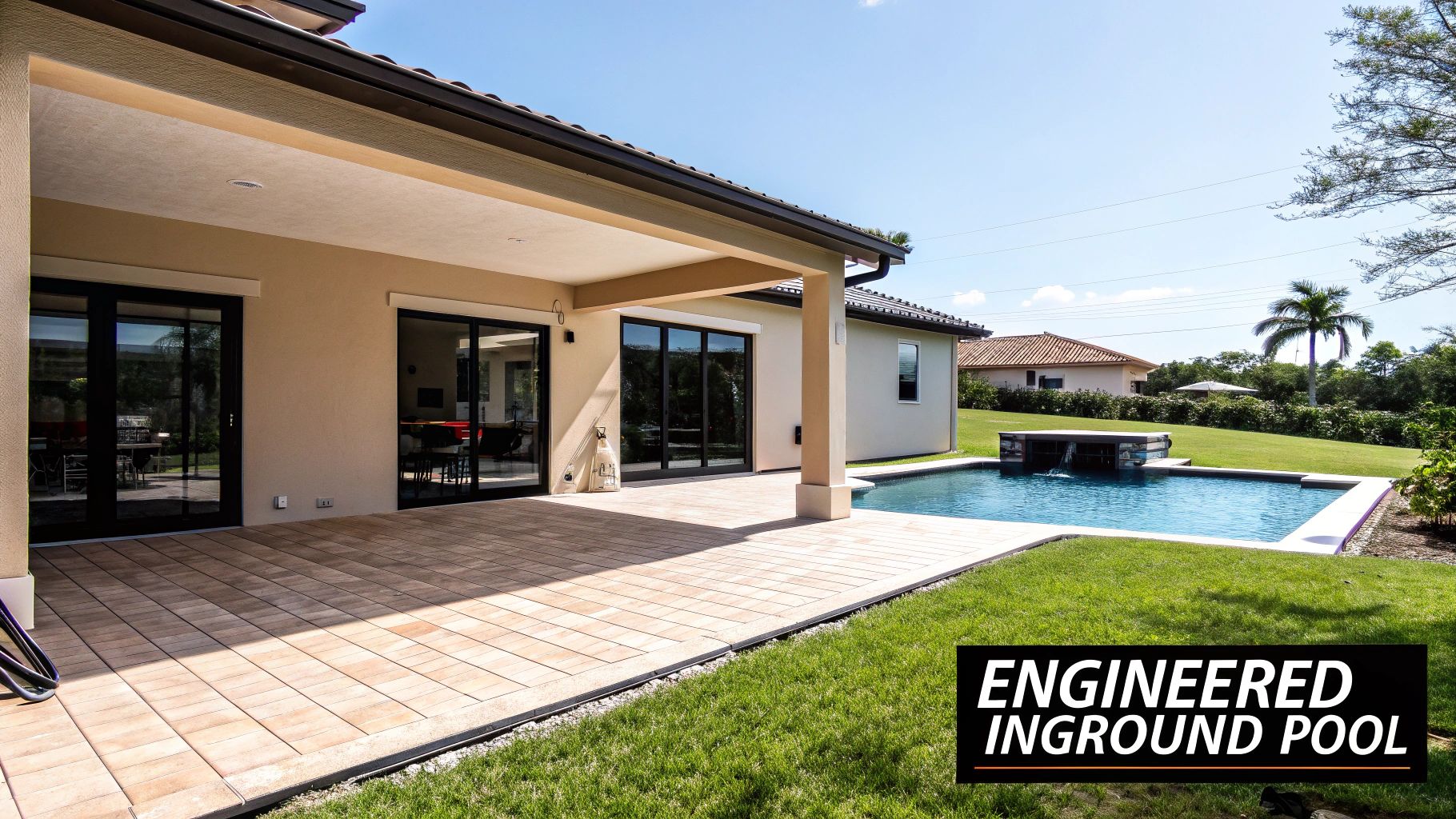 A modern house with a large paved patio and a rectangular inground pool in a lush green backyard.