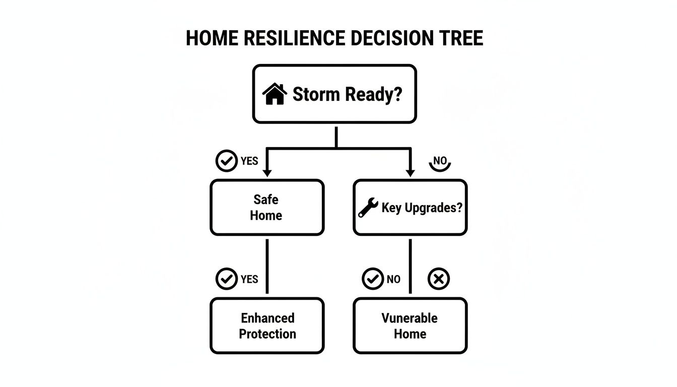 A decision tree flowchart illustrating home resilience based on storm readiness and upgrades.