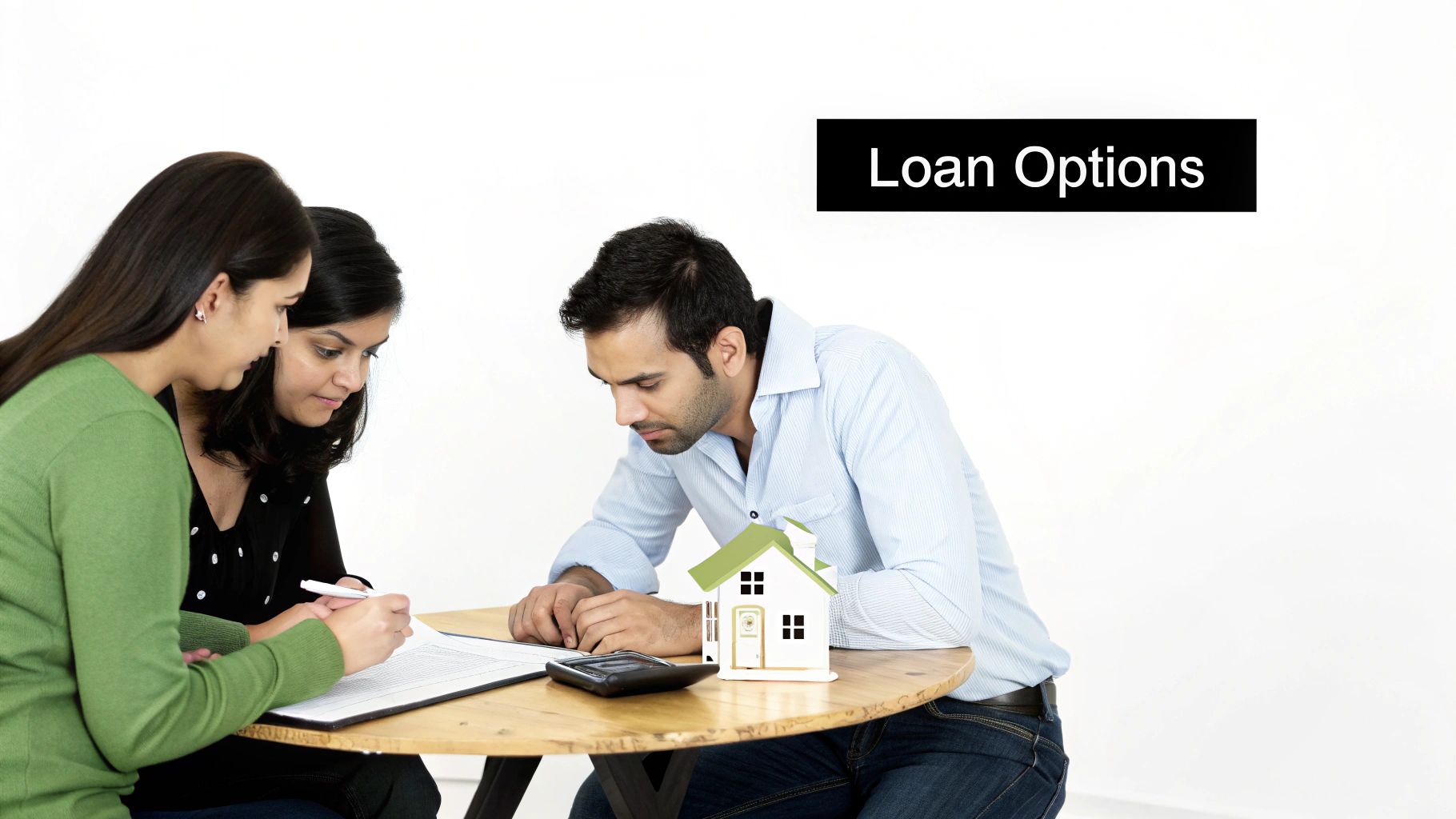 Three people, two women and a man, discuss home loan options with a house model and calculator.