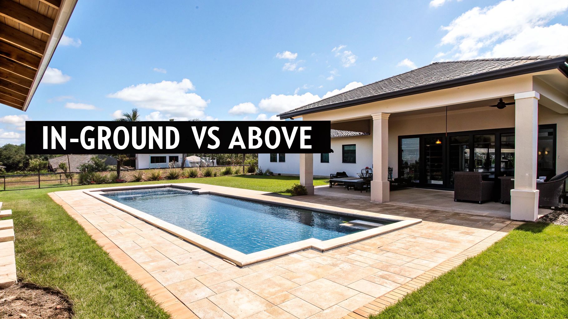 An in-ground swimming pool in a sunny backyard with a large house and patio.