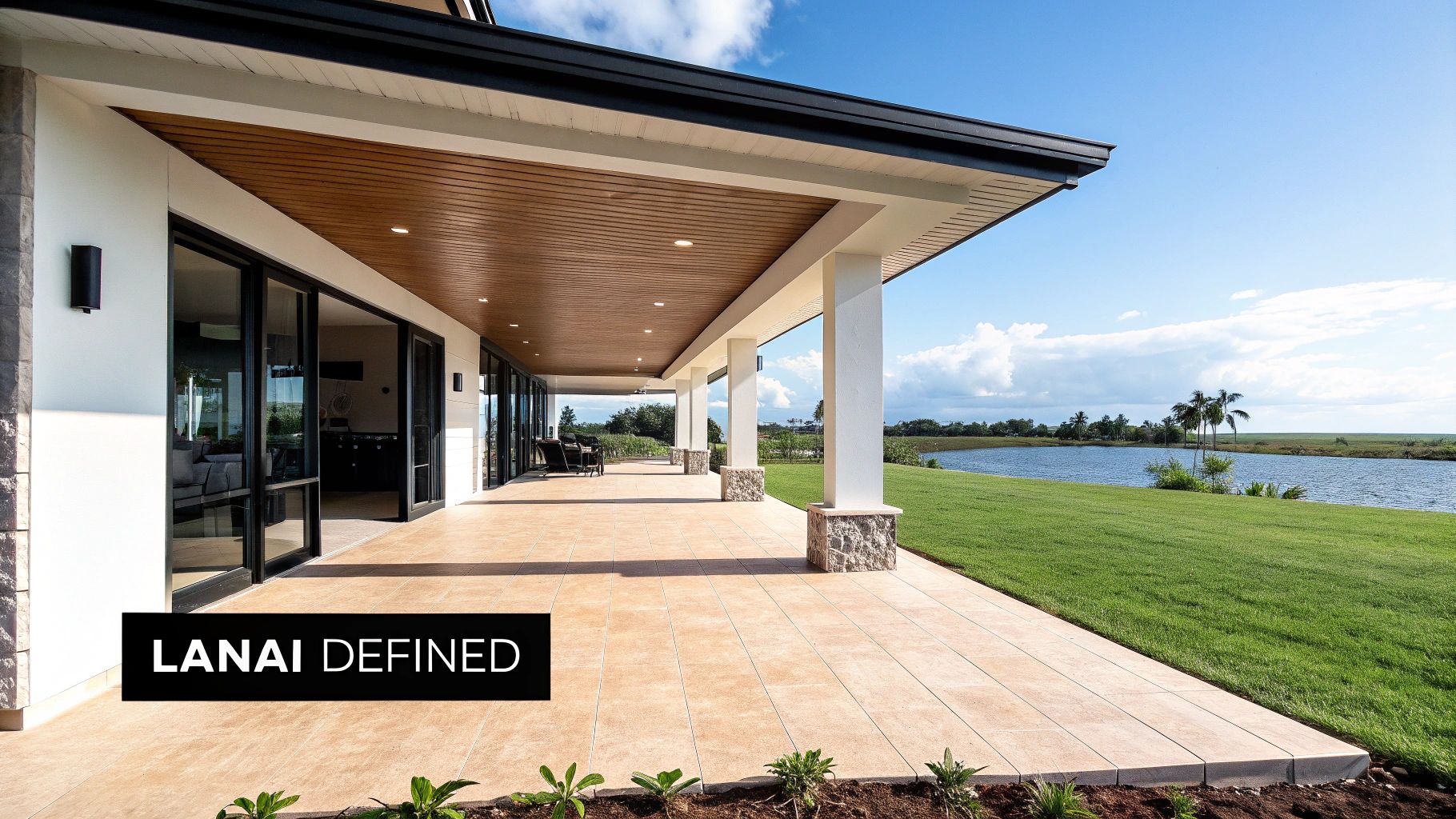 Modern house lanai with a spacious tiled patio, pillars, and sliding glass doors, overlooking a scenic lake and green lawn.