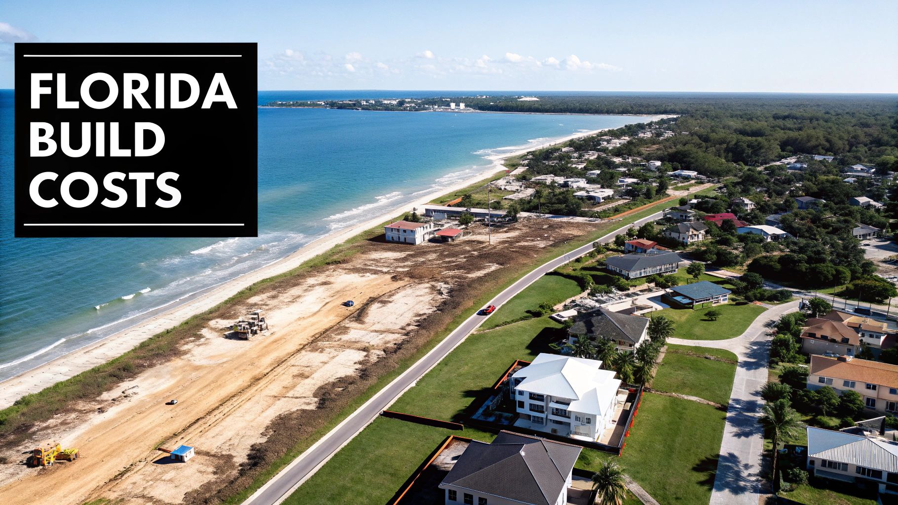 Aerial view of Florida coast with residential homes, undeveloped land, and 'FLORIDA BUILD COSTS' text.