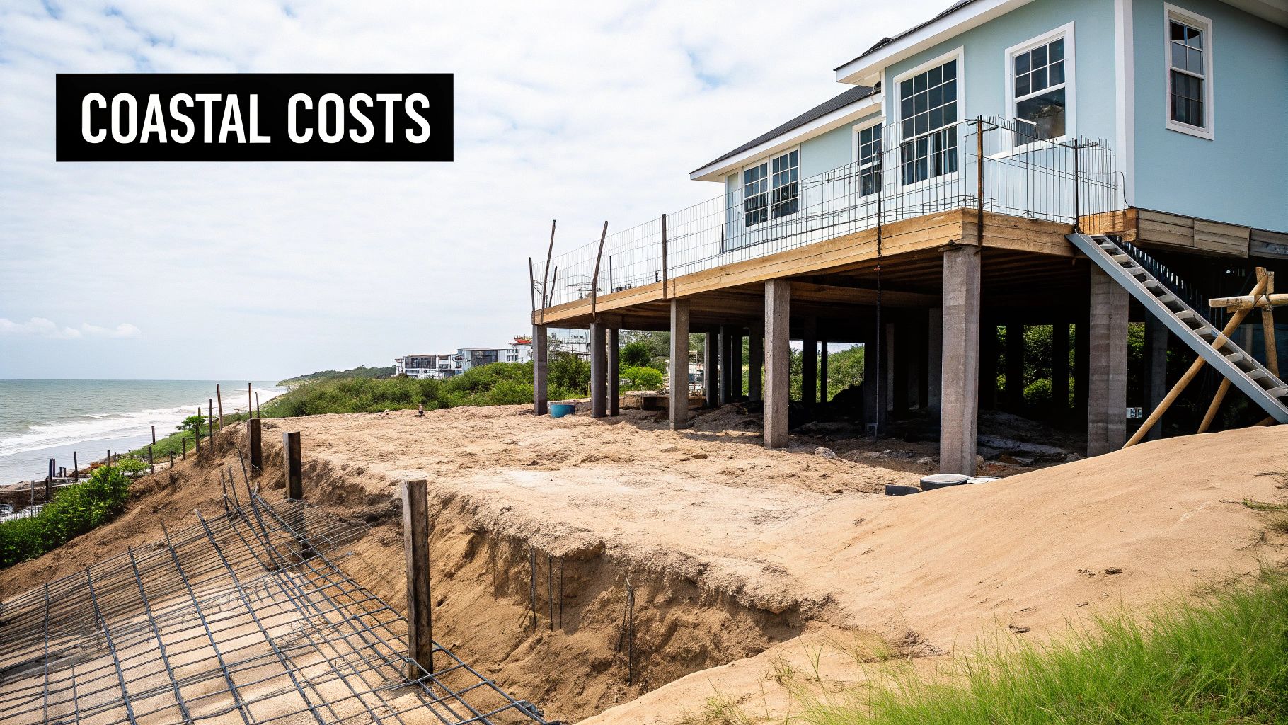 A light blue house on stilts stands on an eroding sandy coastline with the ocean nearby, titled 'Coastal Costs'.