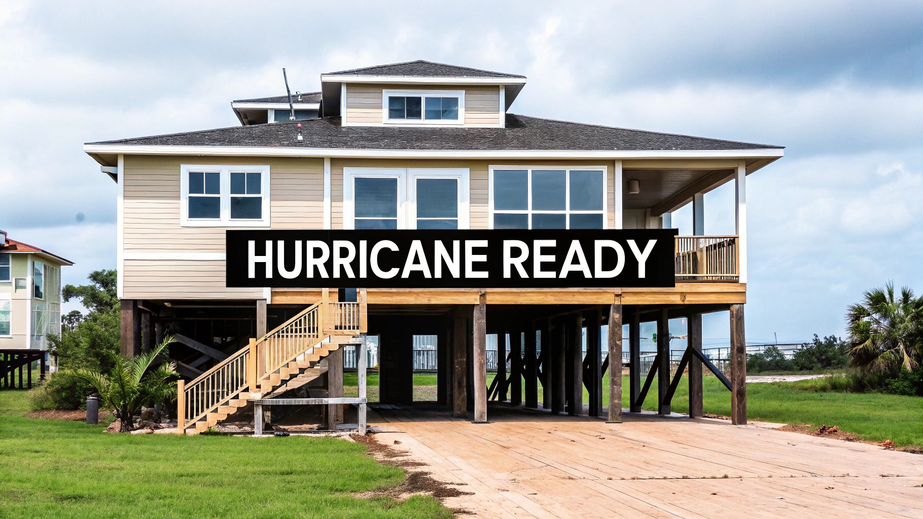 An elevated, hurricane-ready house on stilts with a wooden staircase and large windows, surrounded by green grass.
