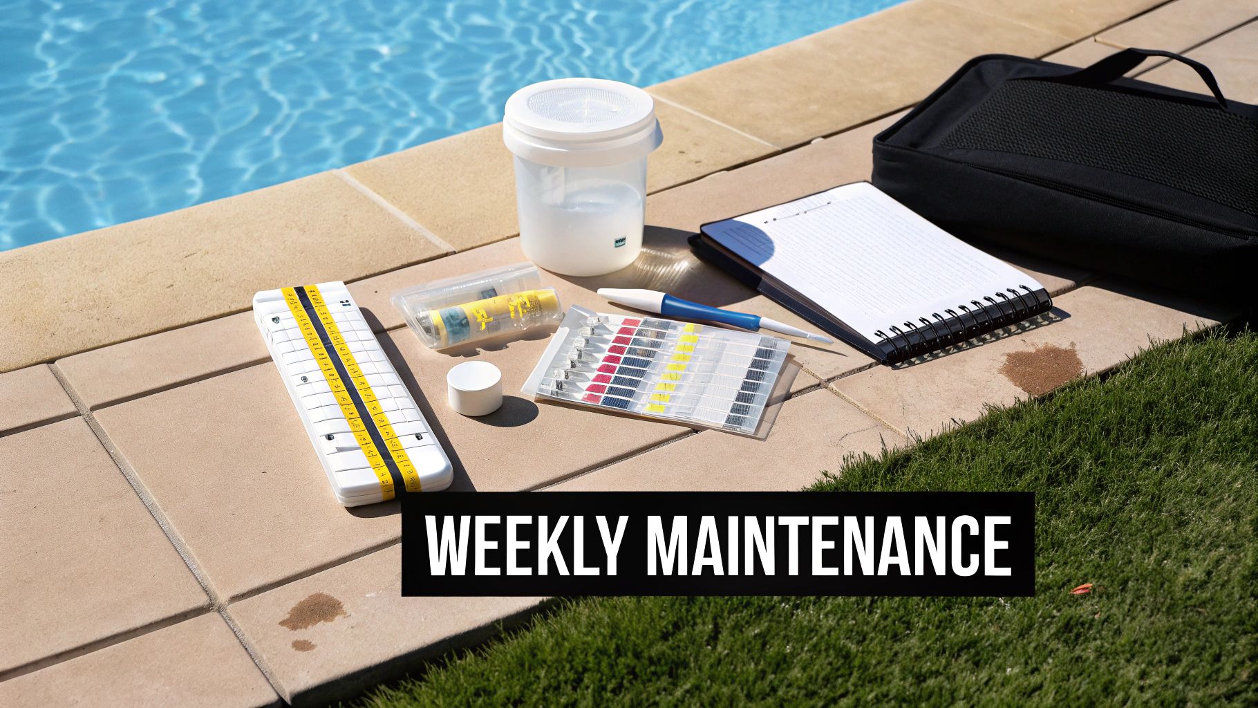 A pool maintenance professional testing the water chemistry of a pristine swimming pool