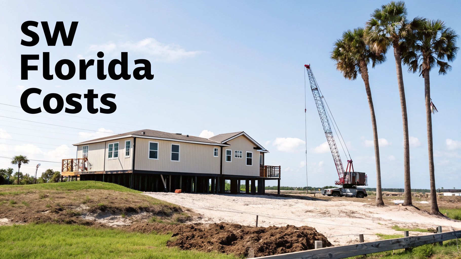 Modular home construction on stilts in Southwest Florida with palm trees and crane