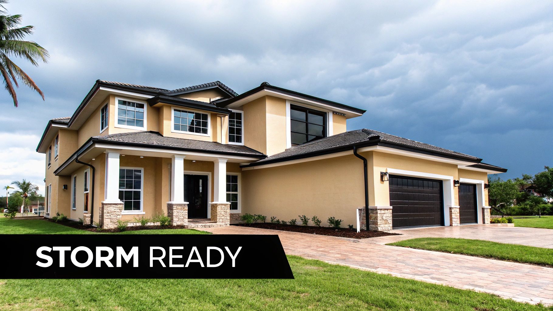 A modern, tan two-story house with a dark roof and garage, standing against a stormy sky, text reads 'Storm Ready'.