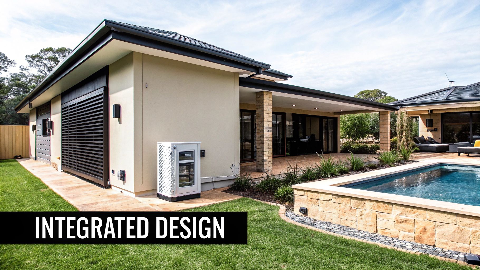 An integrated outdoor design featuring a swimming pool, patio, and a heat pump next to a house.