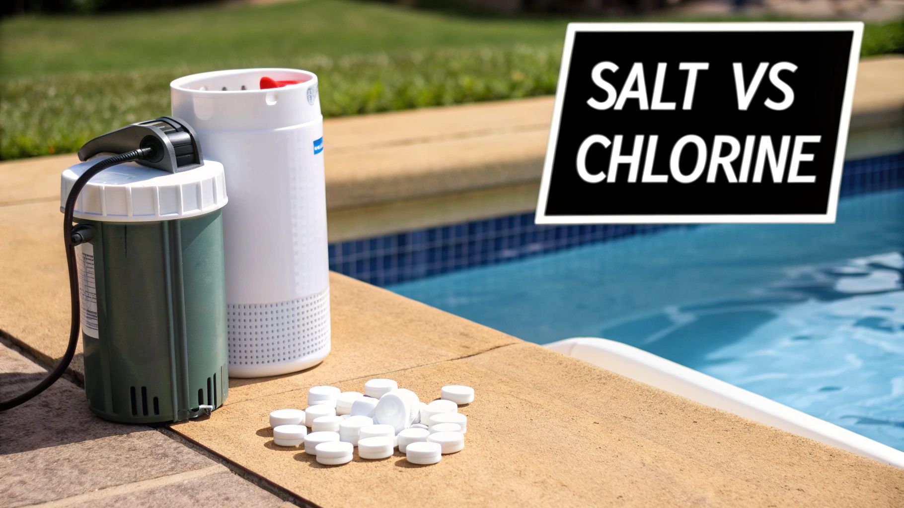 A modern salt chlorine generator system installed on the side of a pool