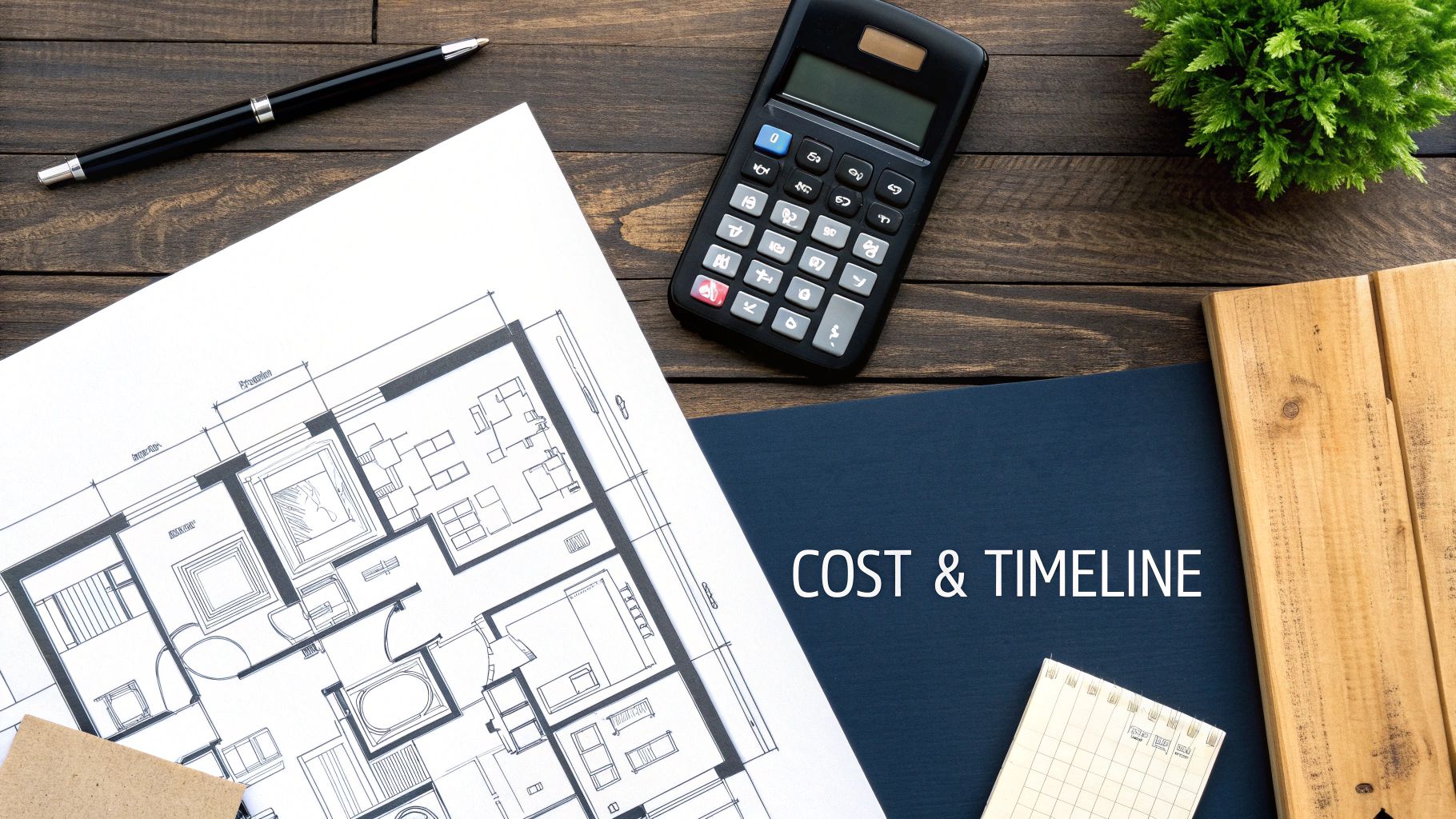 Flat lay of a desk with architectural blueprints, calculator, pen, and a folder titled 'COST & TIMELINE'.