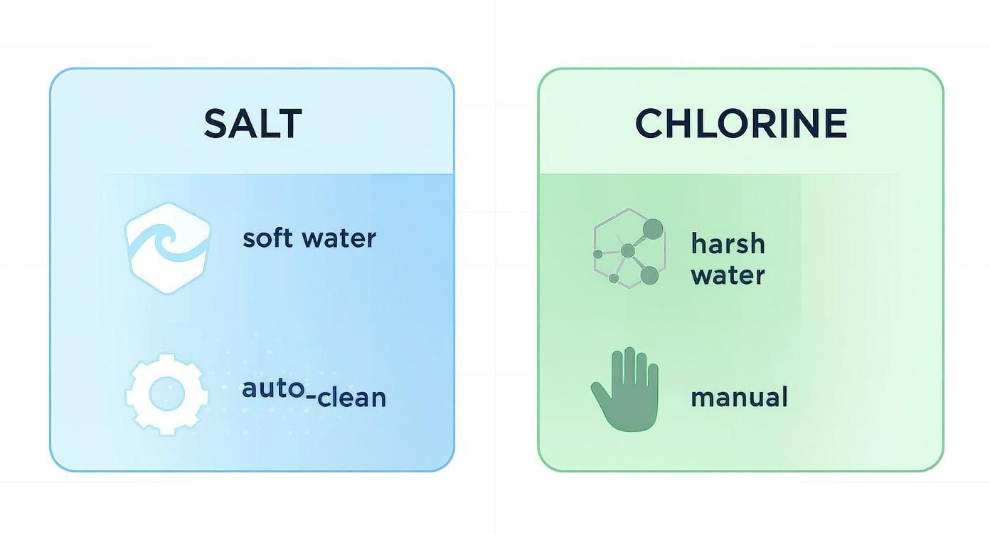 Infographic comparing salt and chlorine water treatment options, highlighting features like soft water and auto-clean.