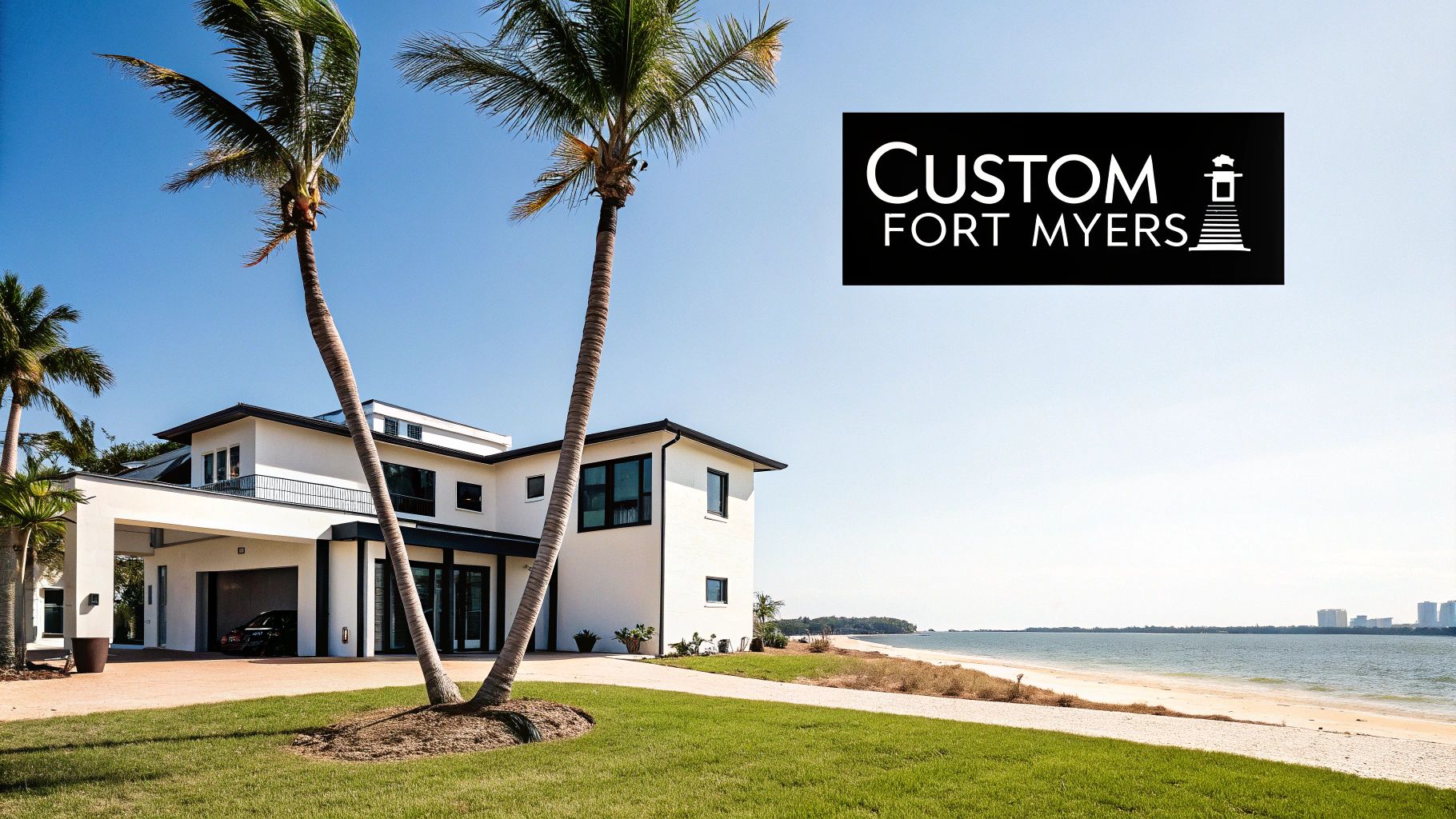 A modern white beachfront home in Fort Myers with palm trees and ocean views under a blue sky.