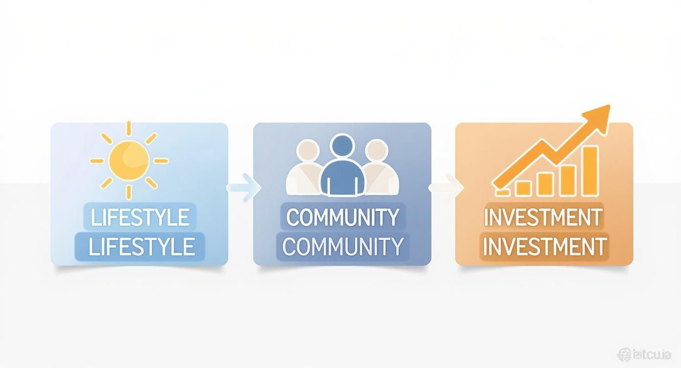 A three-step diagram showing Lifestyle leading to Community and then to Investment.
