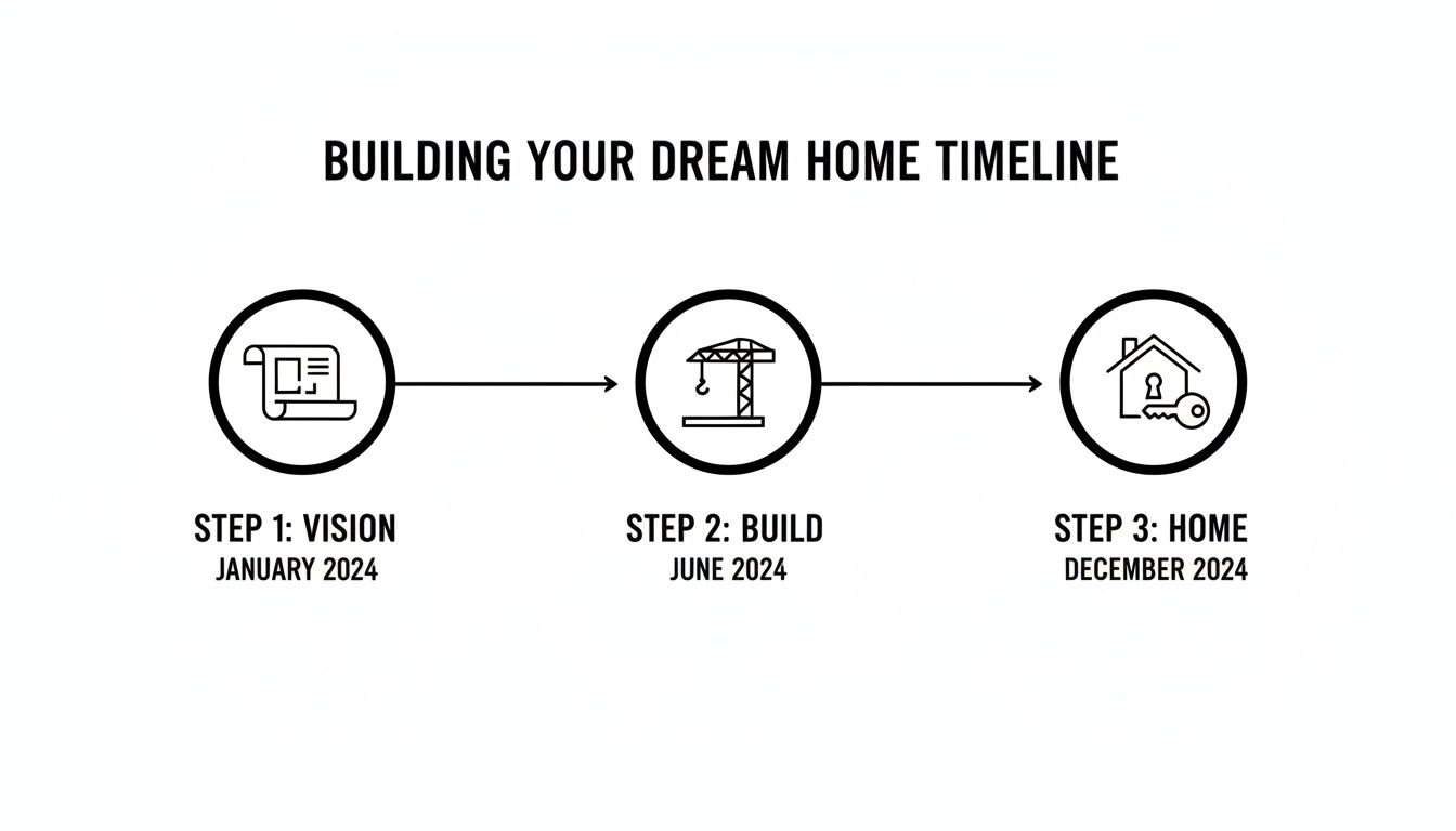 A timeline showing three steps to building a dream home: Vision (January 2024), Build (June 2024), and Home (December 2024).