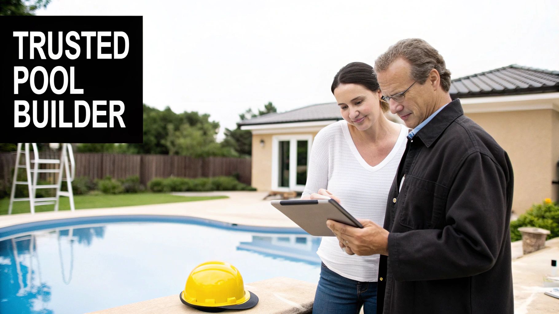 A man and woman review plans on a tablet by a swimming pool, with a yellow hard hat nearby, indicating pool construction.
