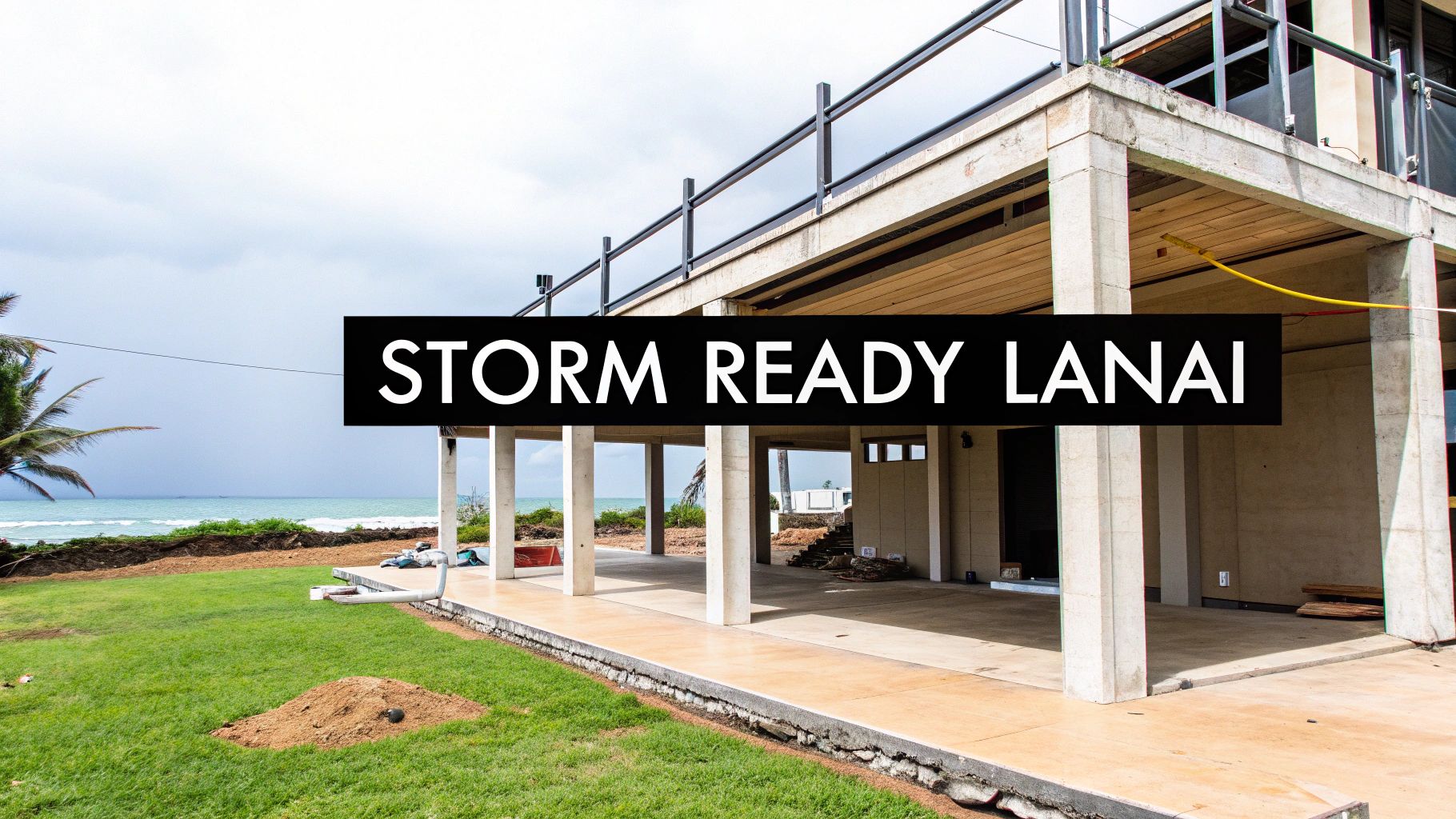 A storm-ready concrete lanai structure with an open design, facing a grassy yard and the ocean under a cloudy sky.