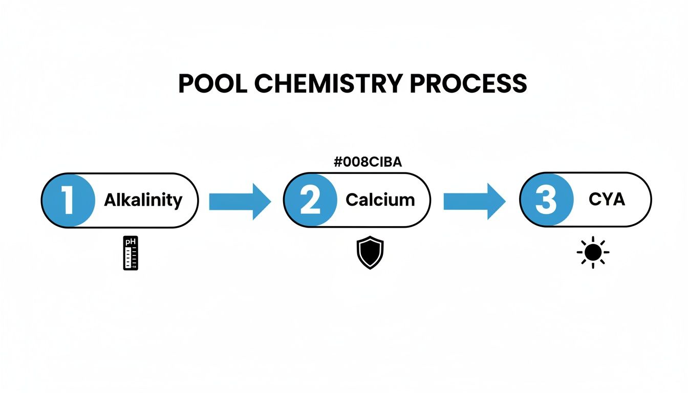 A pool chemistry process diagram showing three steps: Alkalinity, Calcium, and CYA, with relevant icons.