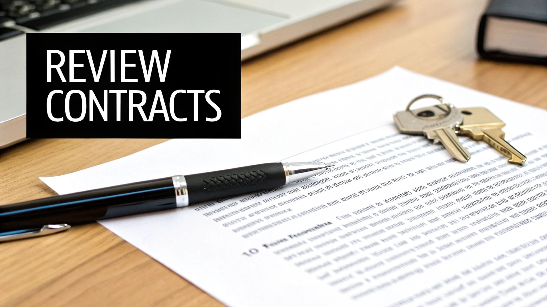 Close-up of a contract document with a pen and keys on a wooden table, with 'REVIEW CONTRACTS' text.