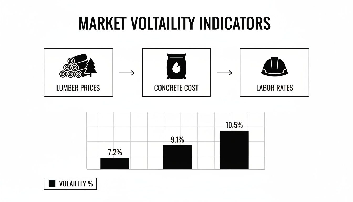 Bar chart showing market volatility indicators: lumber prices, concrete cost, and labor rates with percentages.