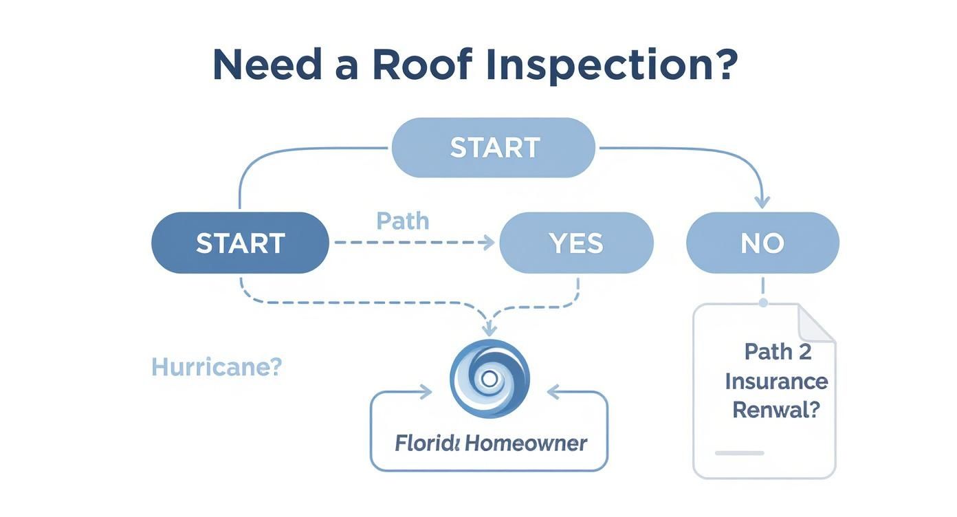 Flowchart detailing roof inspection decision paths for Florida homeowners, considering hurricane damage or insurance renewal.