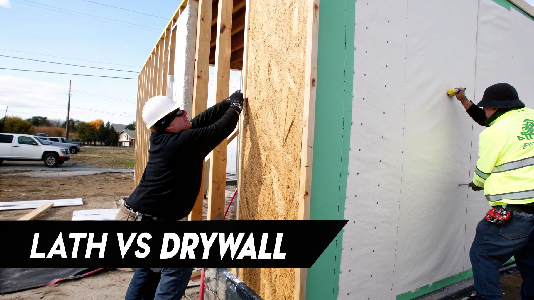 Two construction workers on a job site, one installing lath and the other finishing a drywall wall.