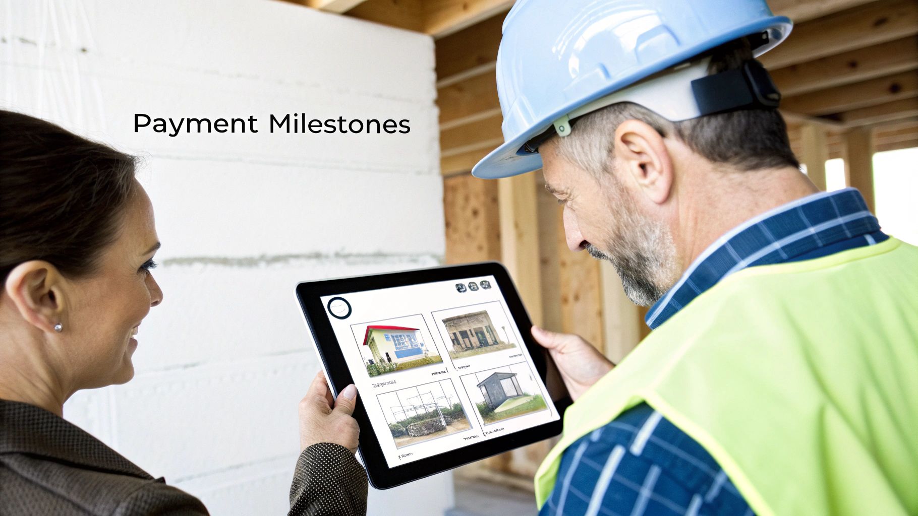 Two construction professionals review building plans and progress on a tablet at a job site.