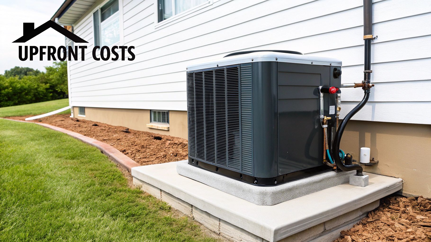 Outdoor heat pump unit beside a house, featuring 'UPFRONT COSTS' text for home expenses.